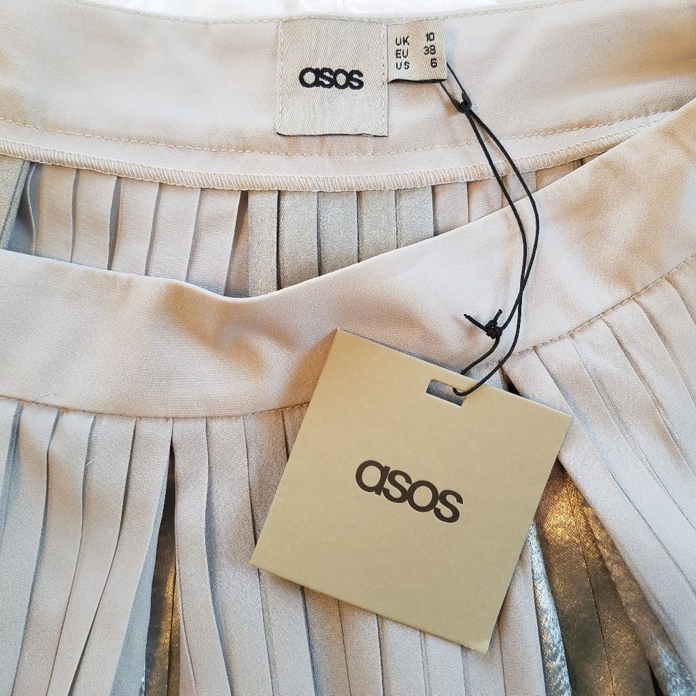 NWT Asos Grey Pleated Metallic Pannel Silver  Satin Midi Skirt 6 - Picture 9 of 9